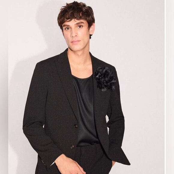 RW&CO black 2 button stretch trendy poly blend lined slim fit 2 piece suit 34 - Picture 1 of 8